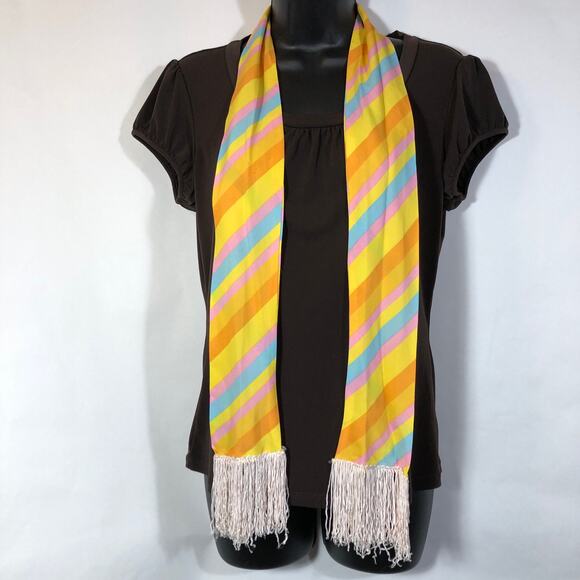 Striped Scarf in Pink Yellow Blue Orange, Retro Vintage Fringed Pastel Office - Picture 5 of 10